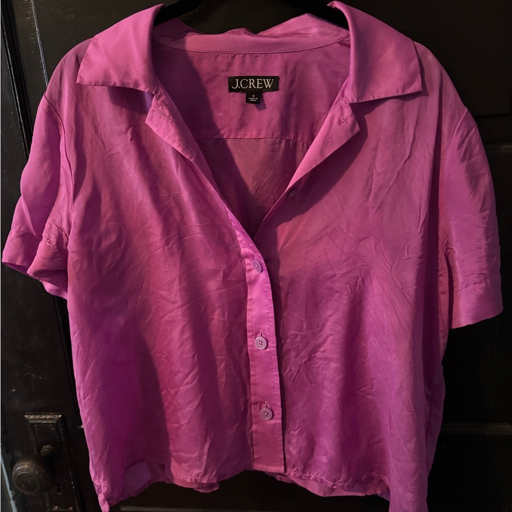 J. Crew Magenta Short-Sleeve Silk Button-Up Blouse